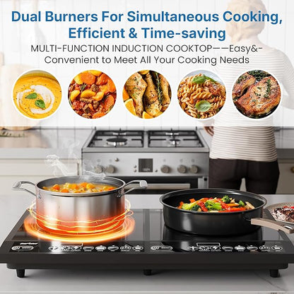 Commercial Double Burner Electric Induction Cooktop, 1000W+800W Dual Induction Hot Plate, 8 Power & 8 Temp Setting, Professional Countertop Burner Stove with Timer, LED Screen, Black