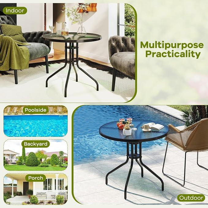 Giantex 31.5" Outdoor Bistro Table, Patio Round Dining Table w/Tempered Glass Tabletop & 2" Umbrella Hole, Heavy-Duty Metal Frame for Garden Yard Poolside Porch (31.5"x31.5"x28.5")