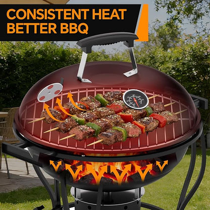 Portable Charcoal Grill with Fan-Assisted Airflow, 17-Inch Small Kettle BBQ Grill, Built-In Thermometer, Lift-Out Charcoal Tray for Camping, Tailgating, Patio, Backyard