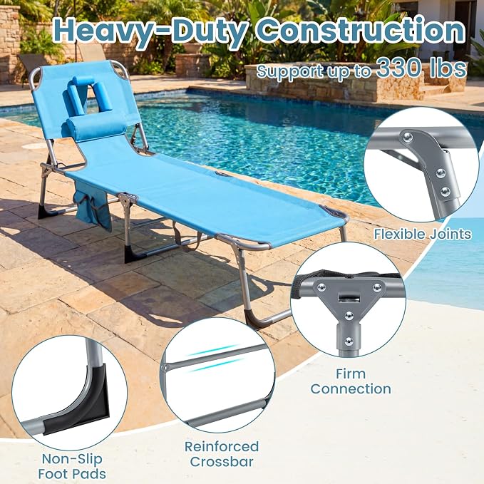 Goplus Tanning Chair, Folding Beach Lounge Chair with Face &Arm Hole, Position Adjustable,Removable Pillow,Side Pocket, Sunbathing Chair, Portable Outdoor Lounge Chair for Patio Pool