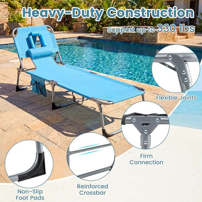 Goplus Tanning Chair, Folding Beach Lounge Chair with Face &Arm Hole, Position Adjustable,Removable Pillow,Side Pocket, Sunbathing Chair, Portable Outdoor Lounge Chair for Patio Pool