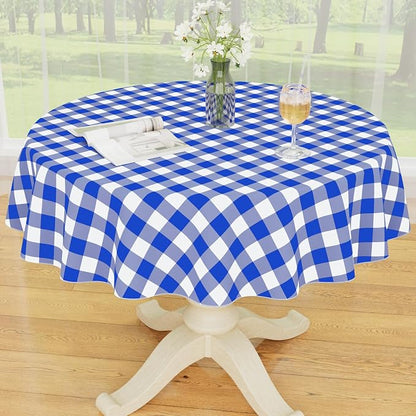 Smiry Picnic Table Cloth, Vinyl Tablecloths with Flannel Backing, 60" Round | Waterproof Picnic Table Cloth, Wipeable Buffalo Plaid Table Cover for Indoor and Outdoor (Blue & White)