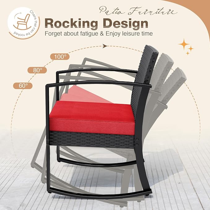 Greesum 3 Piece Patio Furniture Set, All-Weather Imitation Rattan Conversation Set, Outdoor Rocking Chair Bistro Set with Glass Top Coffee Table for Pool, Deck, Porch, Garden or Balcony, Red