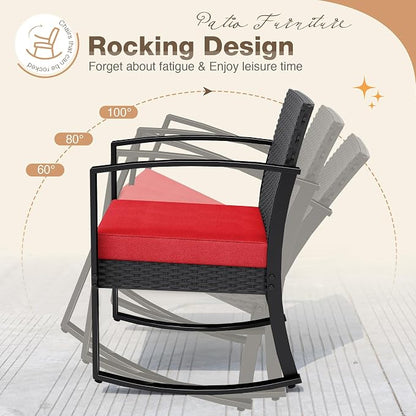 Greesum 3 Piece Patio Furniture Set, All-Weather Imitation Rattan Conversation Set, Outdoor Rocking Chair Bistro Set with Glass Top Coffee Table for Pool, Deck, Porch, Garden or Balcony, Red
