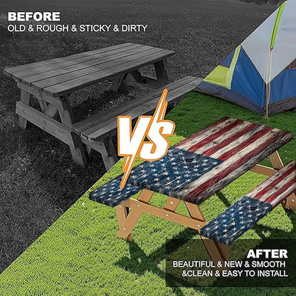 American Flag Picnic Table Cover with Bench Covers and Bag | Elastic Edges Wood Texture Waterproof Camping Tablecloths Fitted Picnic Table Cover for Outdoor, Camping, 3PCS Set 30x60 Inch