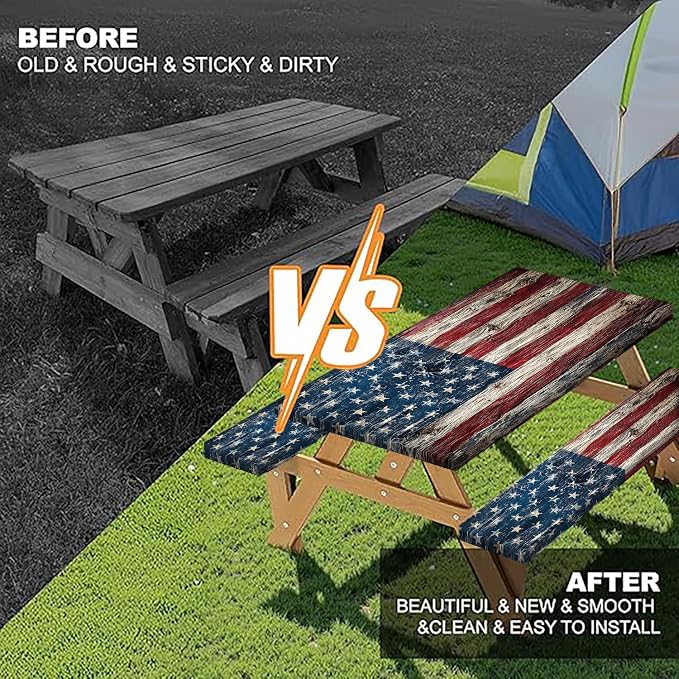 American Flag Picnic Table Cover with Bench Covers and Bag | Elastic Edges Wood Texture Waterproof Camping Tablecloths Fitted Picnic Table Cover for Outdoor, Camping, 3PCS Set 30x96 Inch