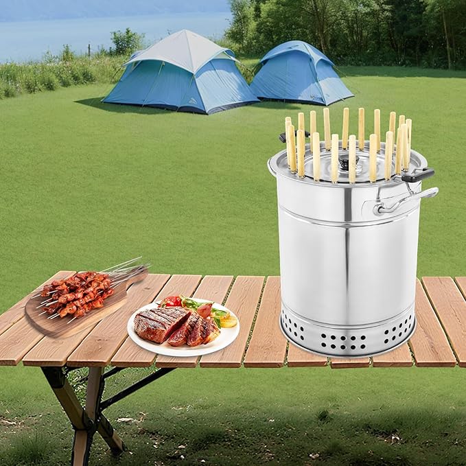 Large Stainless Steel Charcoal Grill with 50 Skewers,Portable Cylinder Outdoor BBQ Grill for 6 People, Multifunctional Hanging & Net Cooking for Camping Picnic Backyard