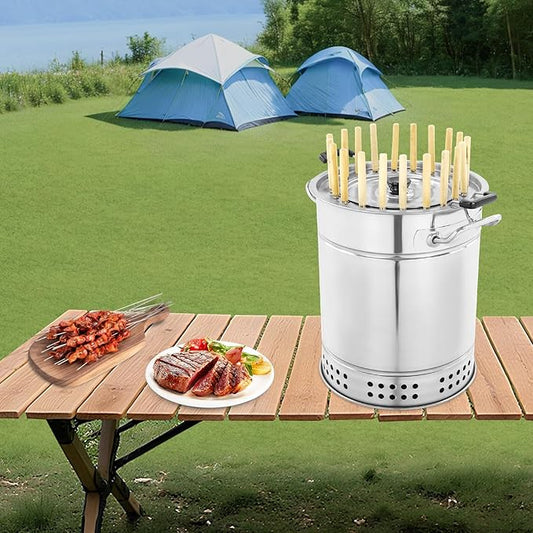Portable Vertical BBQ Charcoal Grill Stainless Steel Surround Charcoal Barrel Shape Grill for Picnics Camping Traveling Barbecue Parties, with Skewers and Oil Drip Pan (20-skewer)