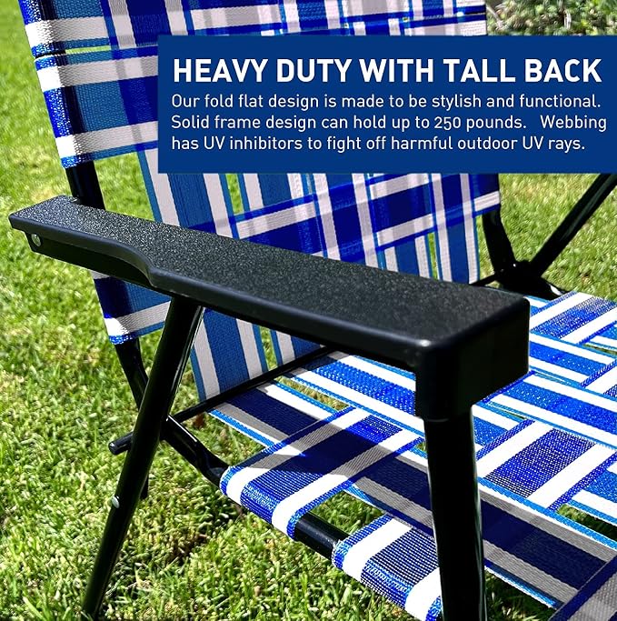 Lawn Chair Folding Steel Webbing Chaise Patio Lounger Seat Wood Handles Great for Camping, Beach, Fishing, Backyard, Stadium, Pool, Boating, and Sports 4 Pack Blue