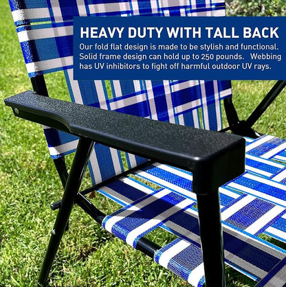 Lawn Chair Folding Steel Webbing Chaise Patio Lounger Seat Wood Handles Great for Camping, Beach, Fishing, Backyard, Stadium, Pool, Boating, and Sports 4 Pack Blue