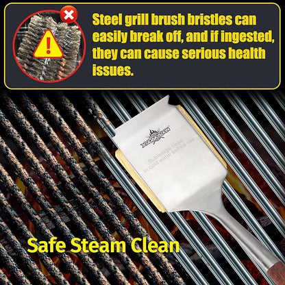 Bristle-Free Steam Cleaning Grill Brush — Features an Extended Luxurious Rosewood Handle and a Unique Wavy pad that Seamlessly fits cast Iron and Stainless Steel grates
