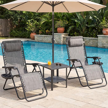 NEWBULIG Zero Gravity Chairs Set of 2, Folding Lounge Chair, Grey | Portable Lawn Camping Recliner with Adjustable Pollow, Mesh Back, Cup Holder Trays for Pool Beach Patio