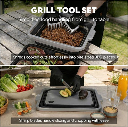 Feasto Collapsible BBQ Prep Tubs with Cutting Board, 9-IN-1, 2 Tubs Portable Grill Prep Station with Side Brackets, Lids, Knives, Meat Claws and Drain Rack, Space-Saving for Kitchen & Camping, Black
