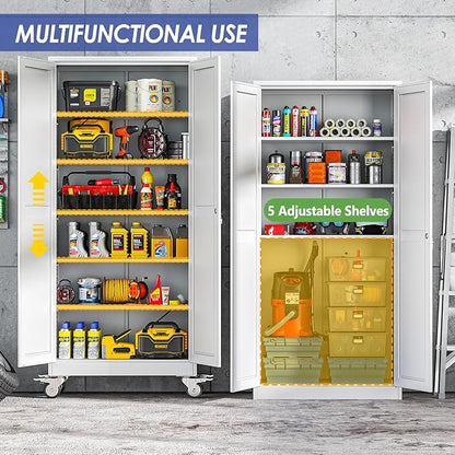 75" Metal Garage Storage Cabinet with Wheels and Locking Doors and Tall Rolling Steel Tool Cabinet with 5 Adjustable Shelves for Garage,Home,Office,Shop (White, 75''H x 32''W x16''D)