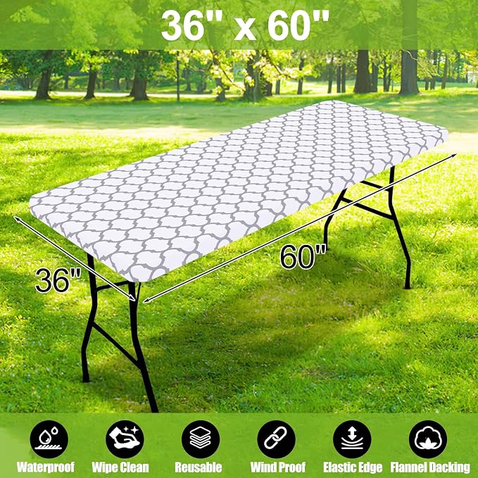 Smiry Picnic Fitted Table Cover, 5 Foot Flannel Backed Vinyl Tablecloth | Waterproof Elastic Stretch Table Cloth, Wipeable Plastic Tablecloth for Camping, Indoor & Outdoor (White, 36" x 60")