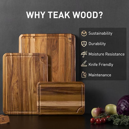3 Pack Teak Wood Cutting Board Set for Kitchen Charcuterie Board Serving Heavy Duty Non Toxic Slip Over Sink Solid Thick Haus Wooden Chopping Board Large Big Small Meat Best Kitchen Mother Gift