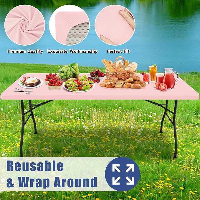 Moosfor 2 Pack Rectangle Spandex Fitted Table Cloth, 5FT Elastic Tablecloth | Washable Picnic Table Cover, Stretch Waterproof Table cloths for Party, Patio, Dining, Kitchen, 30" x 60", Pink
