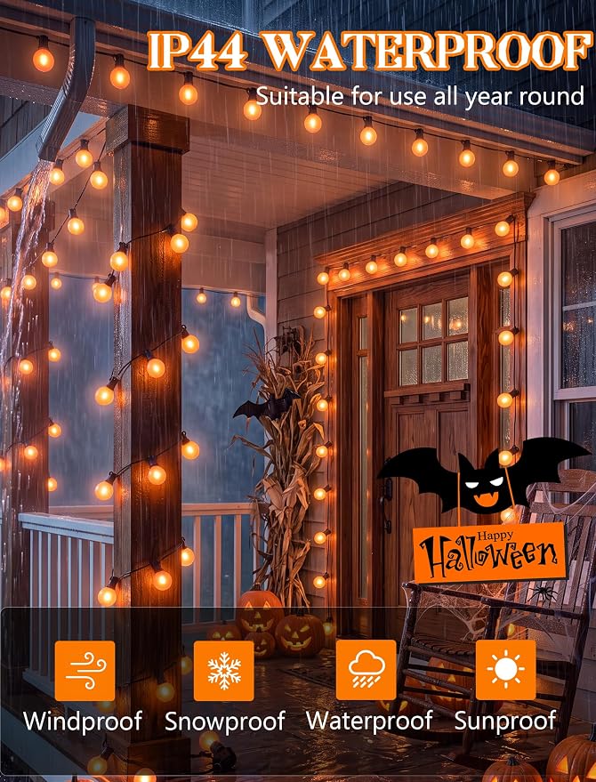 50FT Halloween Orange G40 LED Outdoor String Lights Plug in, 25 Globe Bulbs | Waterproof Patio Lights, Connectable Halloween Decorative Outdoor Lights for Party, Porch, Garden, Yard, Balcony, Backyard
