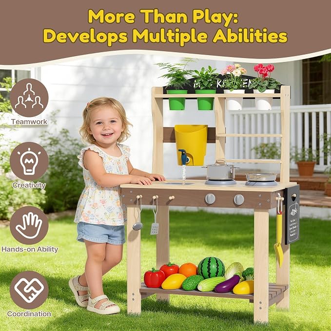 BIERUM Wooden Mud Kitchen for Kids Outdoor with Real Sink & Faucet, Green | with Real Sink, Faucet, Oven and Stove, for Water, Cooking & Planting, Perfect Outdoor Gift for Toddlers Boys Girls Ages 3+