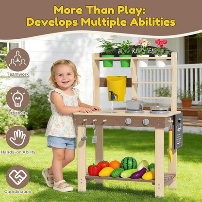 BIERUM Wooden Mud Kitchen for Kids Outdoor with Real Sink & Faucet, Green | with Real Sink, Faucet, Oven and Stove, for Water, Cooking & Planting, Perfect Outdoor Gift for Toddlers Boys Girls Ages 3+