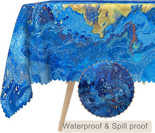 70x140inches Blue Marble Tablecloth Mixed Acrylic Paints Rectangle Waterproof Table Cover Stain Resistant and Washable Table Cloth for Kitchen Dining Room Indoor Outdoor Themed Party Decor