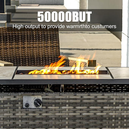 OutVue 47" Propane Fire Pit Table with Real Ceramic Tabletop & Ratten Side Panel, 50000 BTU Gas Firepit Table with Lid & Lava Stones, Outdoor Fire Pit for Dining or Party, Firepit for Outside, Patio