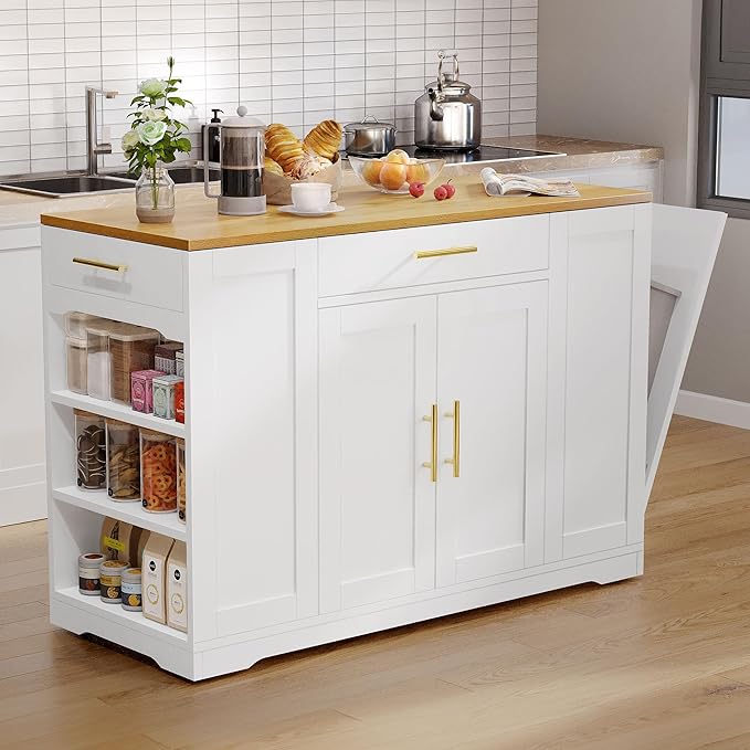 YITAHOME 53 inch Movable Kitchen Island with Trash Can Storage Cabinet | Portable Mobile Islands with Wheels for 13 Gallon Garbage Bin, White Oak