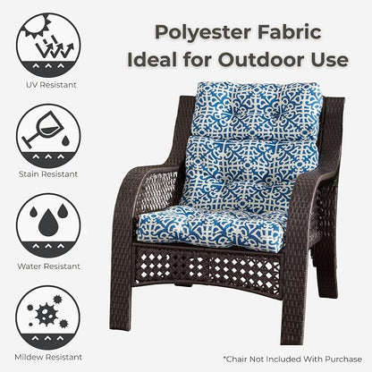 Outdoor Tufted High-Back Chair Cushions, One-Piece Hinged Seat and Back Design, Reversible with 4 Ties, Durable Polyester Fabric, Recycled Fiber Fill - Set of 2, Indigo Lattice