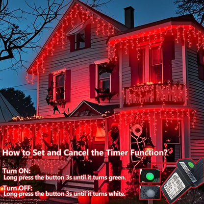 QITONG Red Halloween Lights, 66ft 800 LED Icicle Light for Outside with 8 Modes, Clear Wire Connectable Christmas String Lights Indoor Outdoor Plug in