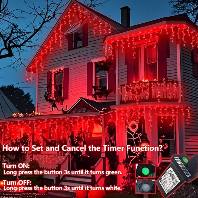 QITONG Red Halloween Lights, 33ft 400 LED Icicle Light for Outside with 8 Modes, Clear Wire Connectable Christmas String Lights Indoor Outdoor Plug in