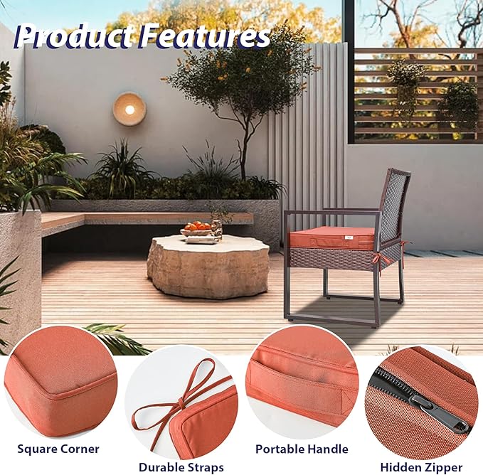 IPYNBAP Outdoor Chair Cushions Set of 4 -Waterproof Outdoor Seat Cushions for Patio Furniture, Patio Chair Cushion with Handle and Ties, Out Door Chair Pads,17x16x2-Square, Spice