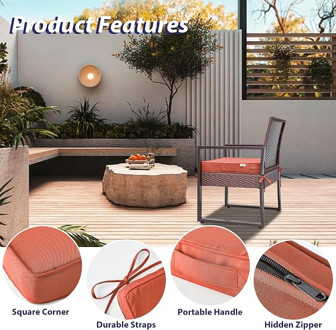 IPYNBAP Outdoor Chair Cushions Set of 4 -Waterproof Outdoor Seat Cushions for Patio Furniture, Patio Chair Cushion with Handle and Ties, Out Door Chair Pads,18.5x16x3-Square, Spice