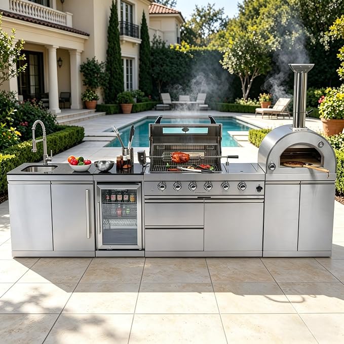 125" Modular Outdoor Kitchen Island with Pizza Oven, 108,000 BTU Propane BBQ Island with Grill and Side Burner, Refrigerator, Integrated Sink & Prep Station, for Backyard and Patio Cooking, Silver