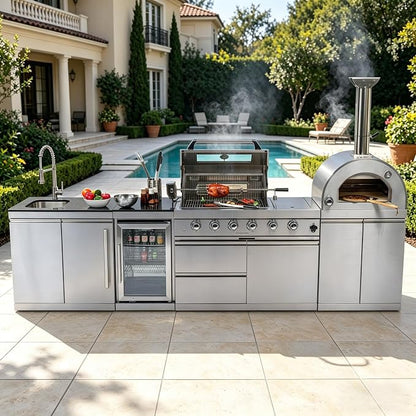 125" Modular Outdoor Kitchen Island with Pizza Oven, 108,000 BTU Propane BBQ Island with Grill and Side Burner, Refrigerator, Integrated Sink & Prep Station, for Backyard and Patio Cooking, Silver