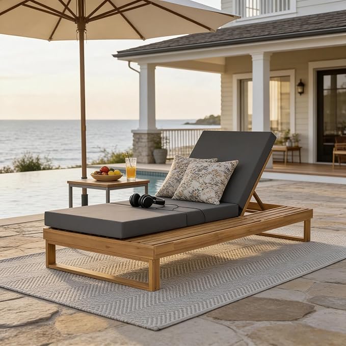 Merax Teak Finish Acacia Wood Chaise Lounge with 4-Inch Dark Grey 3-Fold Water-Resistant Cushion Set, 4-Position Adjustable Outdoor Patio Lounger with Flat Side Surface, for Poolside