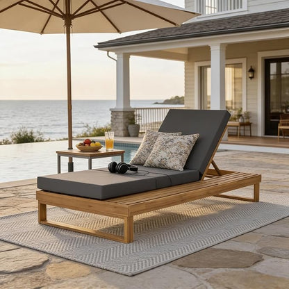 Merax Teak Finish Acacia Wood Chaise Lounge with 4-Inch Dark Grey 3-Fold Water-Resistant Cushion Set, 4-Position Adjustable Outdoor Patio Lounger with Flat Side Surface, for Poolside