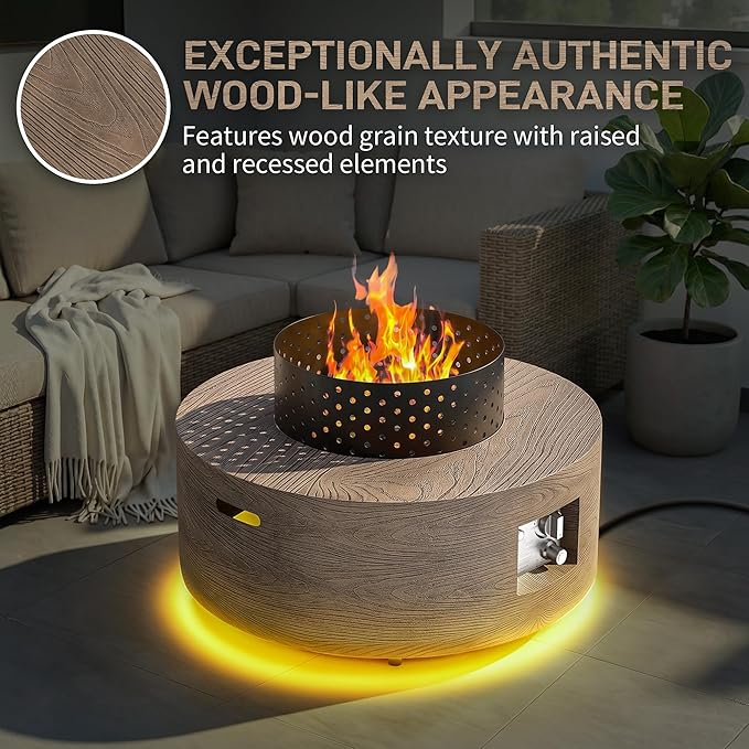 2-Piece Outdoor Propane Fire Pit Table Set w Tank Table 30'' Round Fire Pit Table w Wood Grain Firepit Table for Outside Patio Gas Fire Pit w 304 Stainless Steel Burner 50,000 BTU, Brown w Warm LED