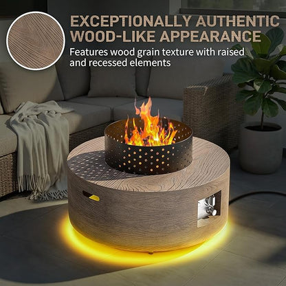 2-Piece Outdoor Propane Fire Pit Table Set w Tank Table 30'' Round Fire Pit Table w Wood Grain Firepit Table for Outside Patio Gas Fire Pit w 304 Stainless Steel Burner 50,000 BTU, Brown w Warm LED