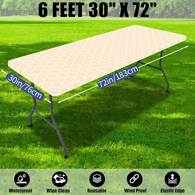 Smiry 2 Pack Rectangle Table Cloth 6 Foot, Waterproof Elastic Fitted Tablecloths, Windproof Washable Polyester Table Cover for Picnic, Camping, Outdoor (Beige, 30"x72")