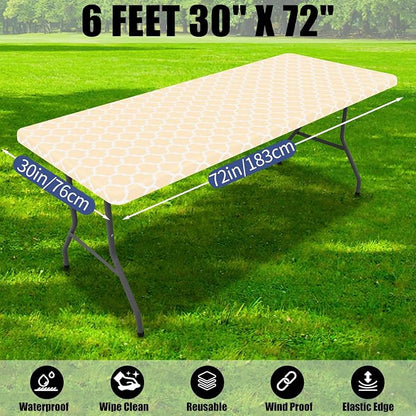 Smiry 2 Pack Rectangle Table Cloth 6 Foot, Waterproof Elastic Fitted Tablecloths, Windproof Washable Polyester Table Cover for Picnic, Camping, Outdoor (Beige, 30"x72")