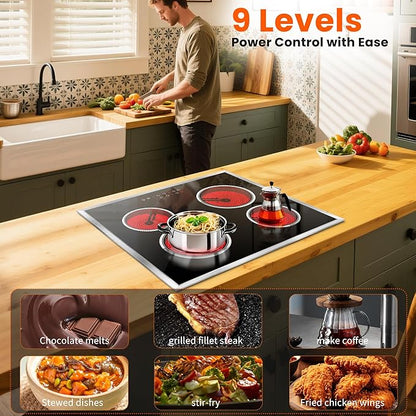 24 Inch Electric Cooktop 4 Burner Electric Stove, 6000W Built in Ceramic Stovetop with Touch Control 24", Timer, Child Lock, 9 Heating Level, 220-240v, Hard Wire(No Plug)