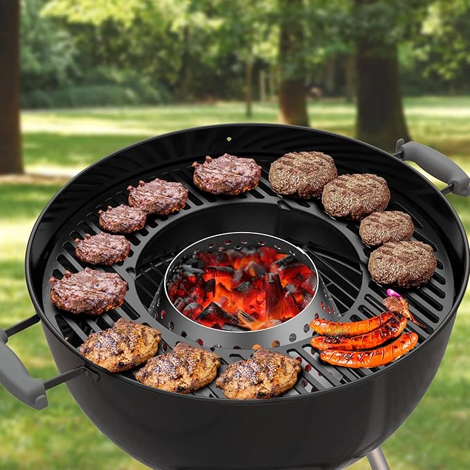 Skyflame BBQ Stainless Steel Charcoal Basket, Briquet Holder Kettle Grill Accessories Compatible with Weber Kettle 22 26.75 WSM XL Big Green Egg/Kamado - Updated Hollow Holes Design