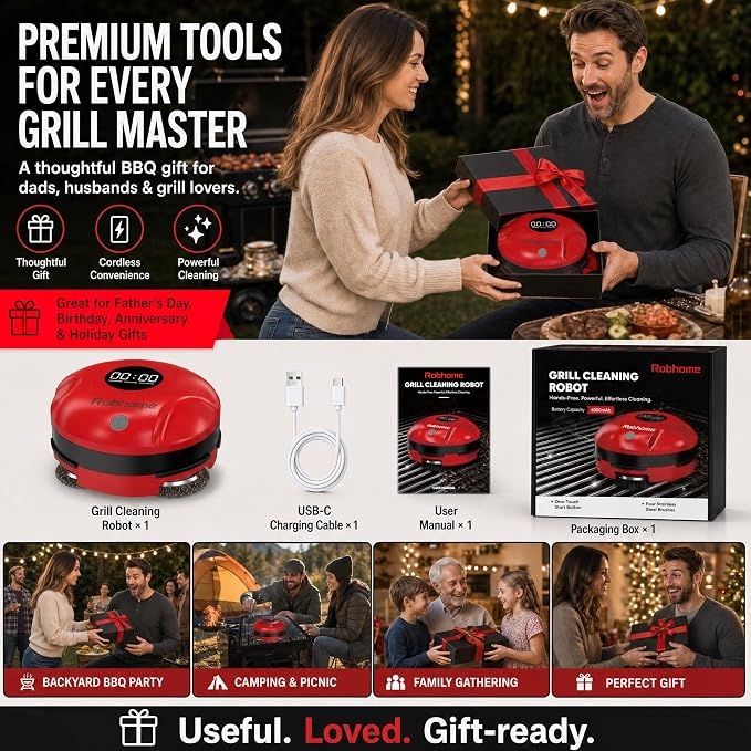 Grill Cleaning Robot, Electric Grill Brush with 4 Heads, 304 Stainless Steel Rotary Brush, Cordless Rechargeable BBQ Cleaner, 150Mins Runtime, 380 RPM, Automatic Grill Cleaner for Outdoor Grill, Red