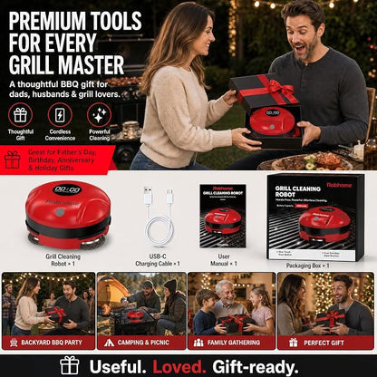 Grill Cleaning Robot, Electric Grill Brush with 4 Heads, 304 Stainless Steel Rotary Brush, Cordless Rechargeable BBQ Cleaner, 150Mins Runtime, 380 RPM, Automatic Grill Cleaner for Outdoor Grill, Red
