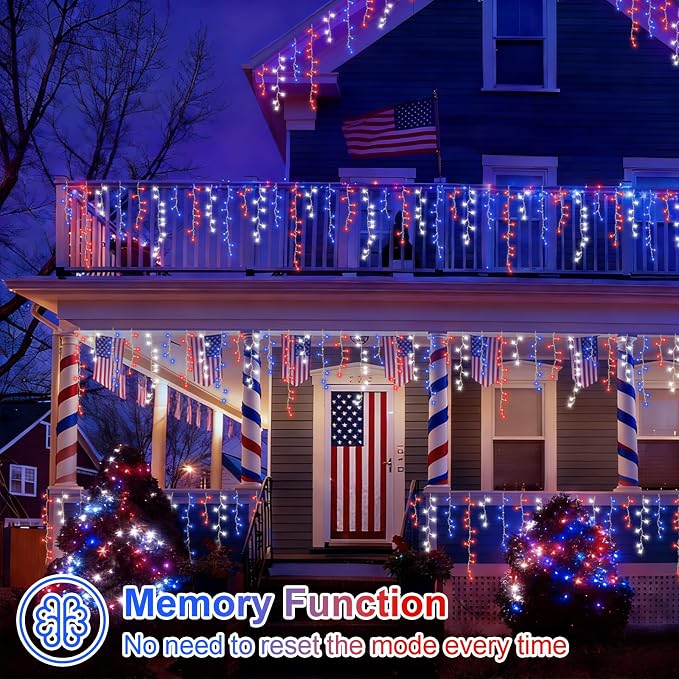YEGUO 33ft 400 LED Red White and Blue Icicle Lights, 80 Drops 4th of July Icicle Lights for Outside Connectable, 8 Modes Clear Wire Independence Day String Light Indoor with Memory