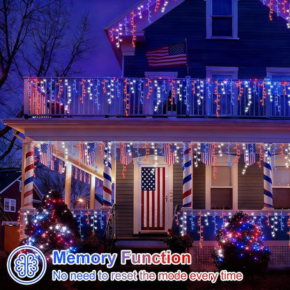 YEGUO 33ft 400 LED Red White and Blue Icicle Lights, 80 Drops 4th of July Icicle Lights for Outside Connectable, 8 Modes Clear Wire Independence Day String Light Indoor with Memory