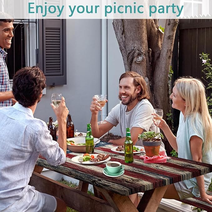 American Flag Picnic Table Cover with Bench Covers and Bag | Elastic Edges Wood Texture Waterproof Camping Tablecloths Fitted Picnic Table Cover for Outdoor, Camping, 3PCS Set 30x96 Inch