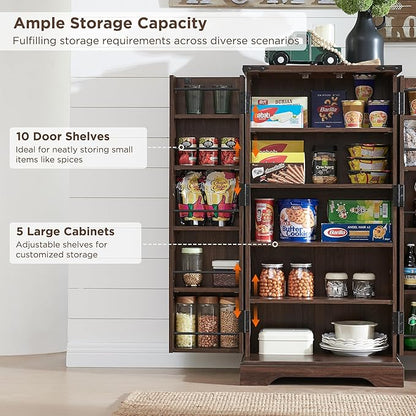 ACCOHOHO 47" Kitchen Pantry, Farmhouse Storage Cabinet with Barn Doors, Organizer and Adjustable Shelves, Rustic Wood Cupboard for Kitchen, Dining Room, Bathroom and Hallway, Brown