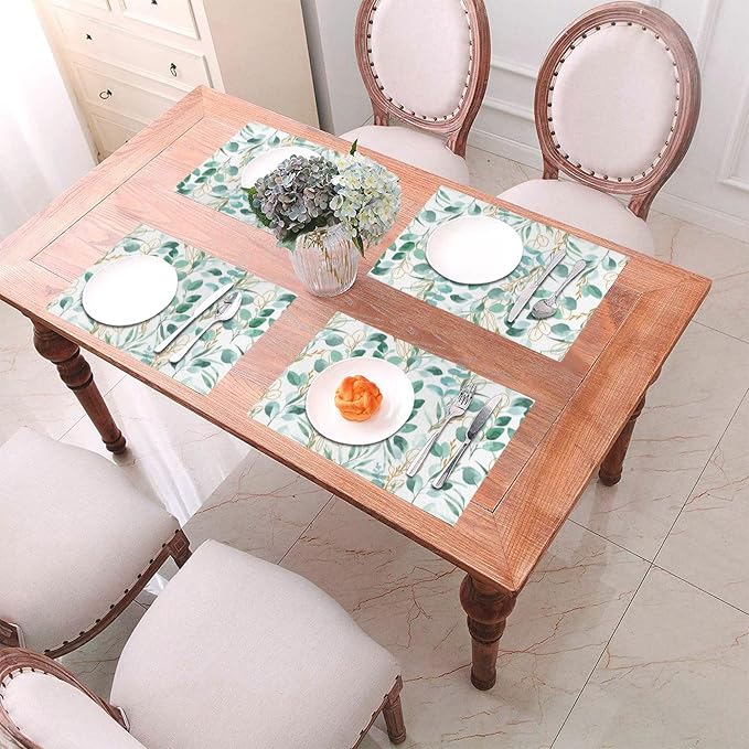 Sage Green Leaves Placemats Set of 4 Cute Botanical Dining Table Mat | 12"x18" Washable Place Mats for Kitchen Dinner Spring Summer Parties Wedding Decorative