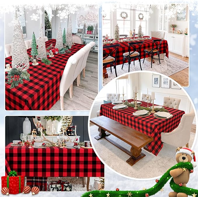 B-COOL Christmas Tablecloths Plaid Tablecloth Farmhouse Buffalo Checkered Table Cover for Christmas Thanksgiving Day Halloween Party Decorations (Black and Red Checkered, 56x84 inch)